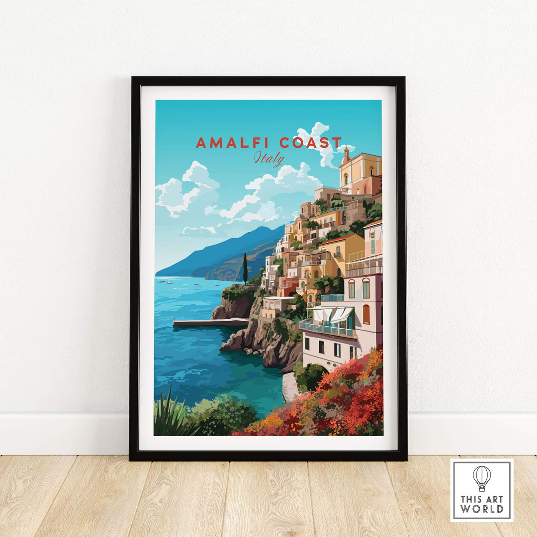 Amalfi Coast travel poster print showcasing vibrant landscapes and pastel colors of Italy's beautiful coastline.