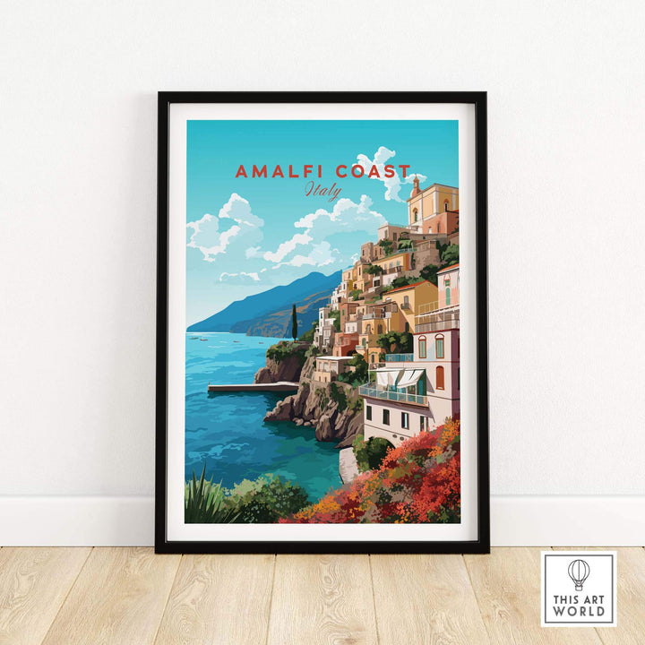 Amalfi Coast travel poster print showcasing vibrant landscapes and pastel colors of Italy's beautiful coastline.