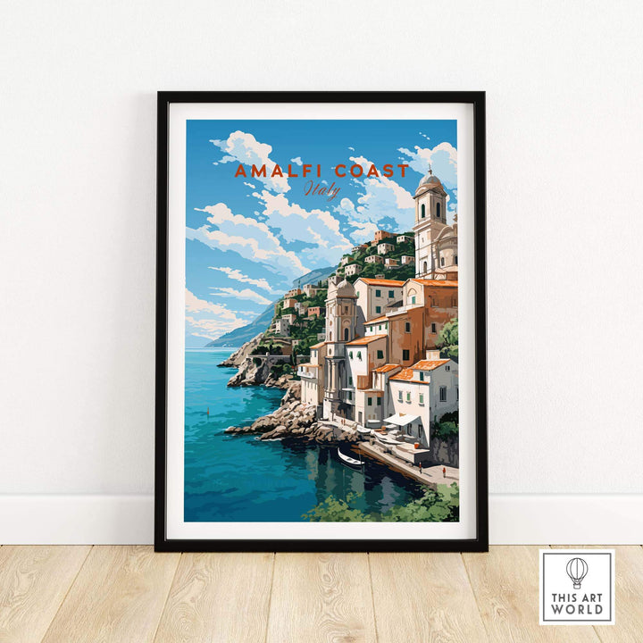 Amalfi Coast Italy travel poster showcasing picturesque coastal landscape and charming architecture in pastel shades.