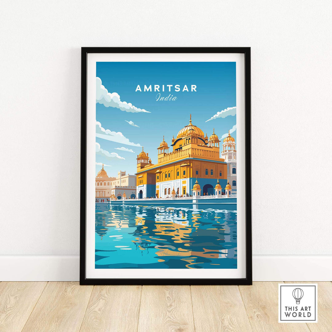 Amritsar India travel poster print showcasing the Golden Temple, perfect for gallery walls and gifts.