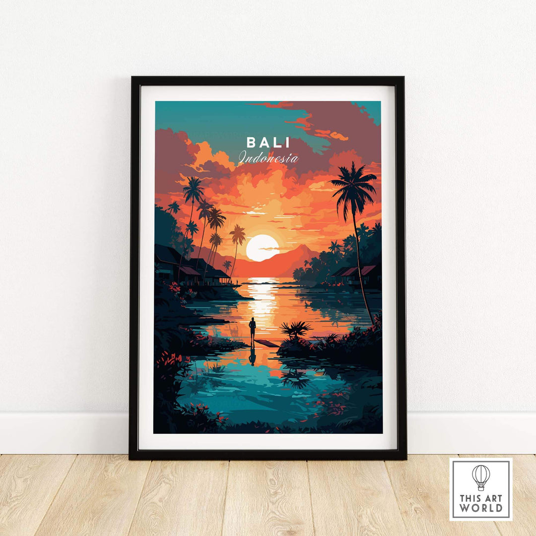 Bali wall art print featuring a scenic sunset over a tropical landscape in Indonesia, perfect for home decor.