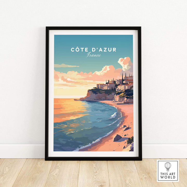 Côte d'Azur travel poster print showcasing vibrant French coast colors and serene beach scene.