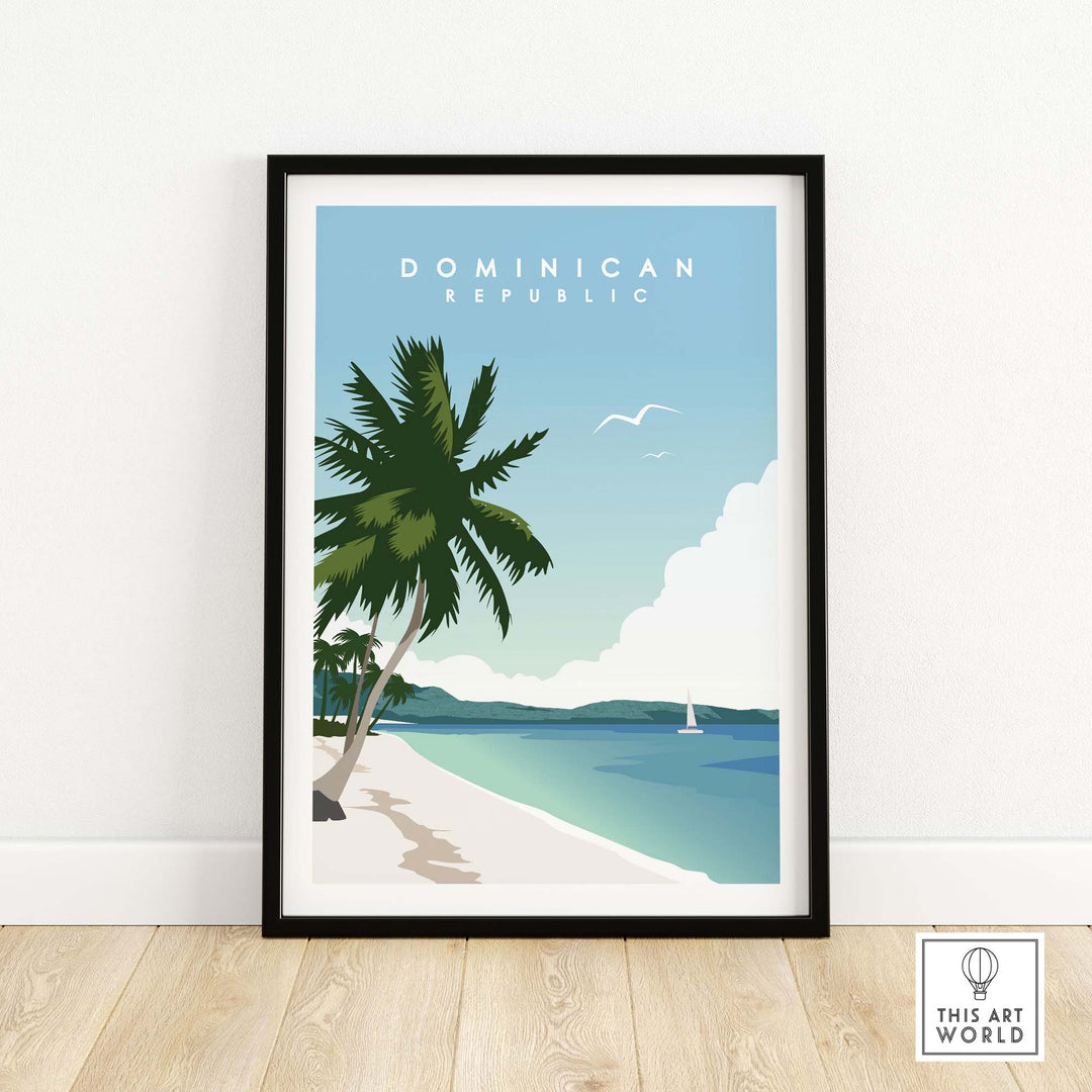 Dominican Republic travel poster print showcasing a tropical beach with palm trees and a serene ocean view.