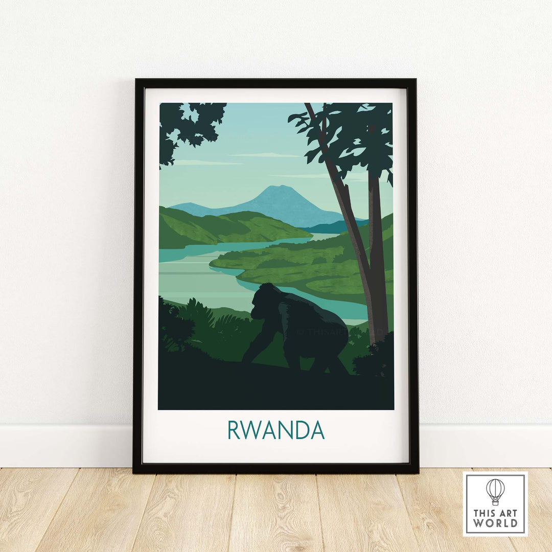 Rwanda Mountain Gorilla wall art print featuring vibrant landscape and wildlife design, ideal for home décor.