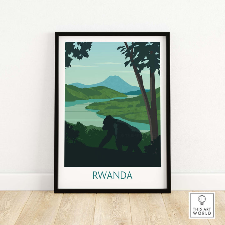 Rwanda Mountain Gorilla wall art print featuring vibrant landscape and wildlife design, ideal for home décor.
