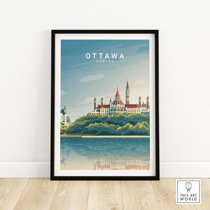 Ottawa Canada travel poster print showcasing the iconic skyline and lush landscape in vibrant colors.