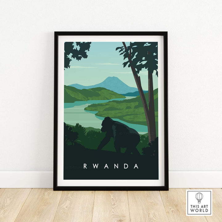 Rwanda travel poster print featuring mountain gorillas and lush landscapes, perfect for safari-inspired decor.