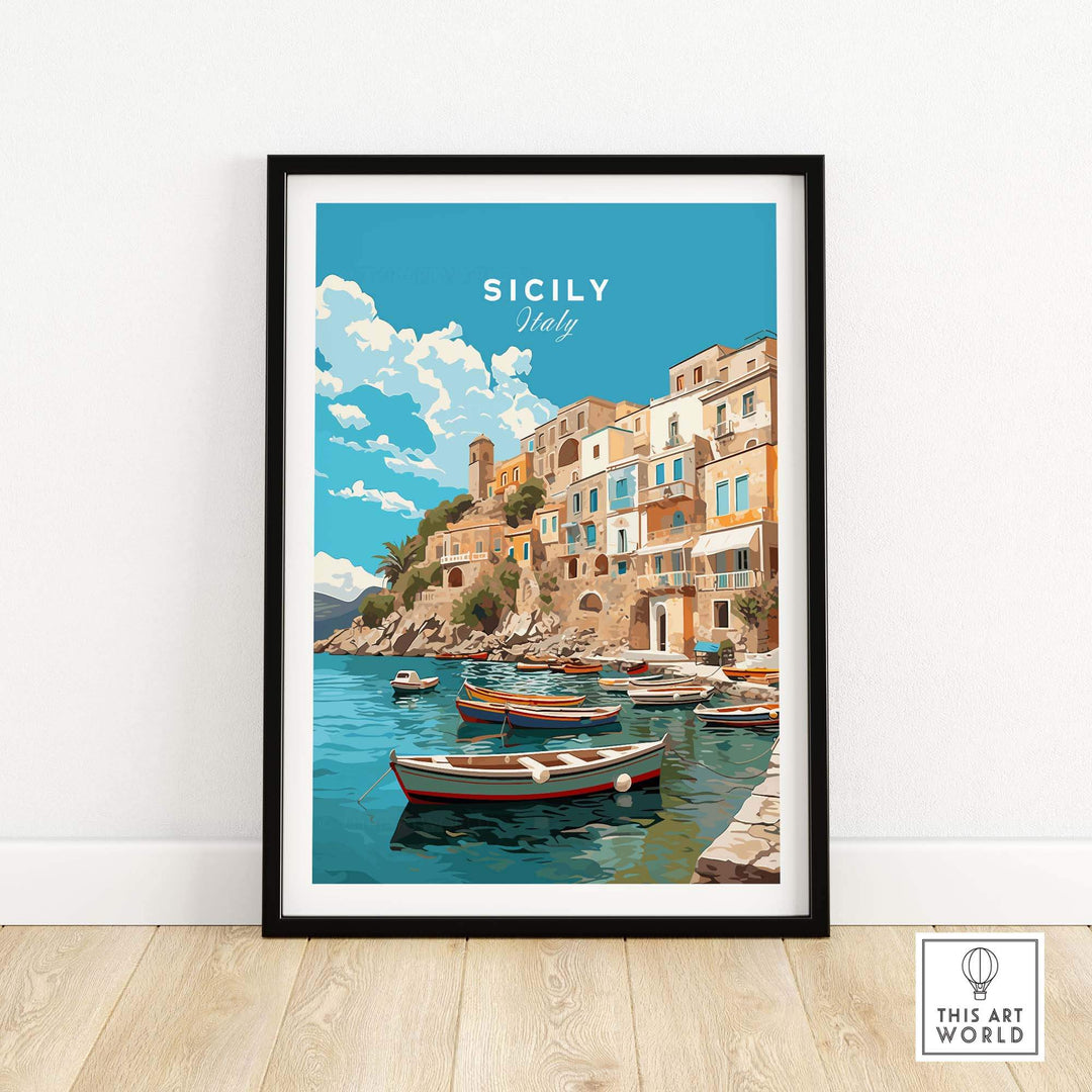 Sicily Wall Art Print featuring colorful boats and coastal buildings in a vibrant Italian landscape.