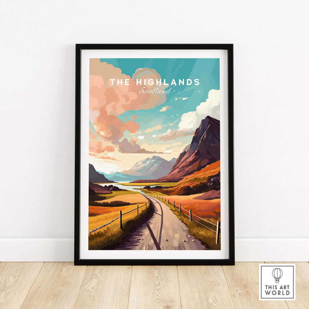Scottish Highlands art print featuring a scenic landscape with mountains and vibrant colors, ideal for home decor.