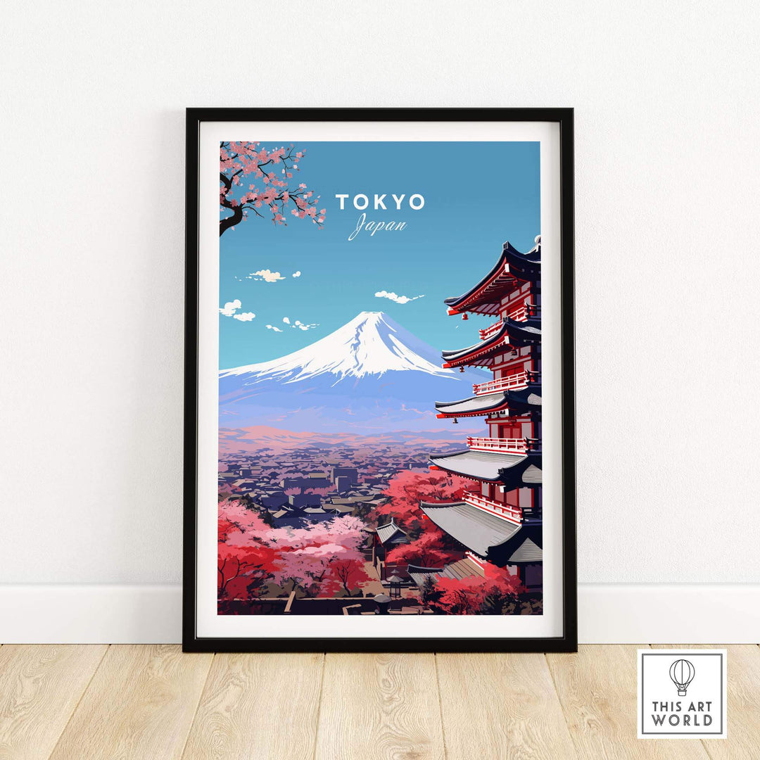 Vibrant Tokyo travel poster showcasing Mount Fuji and traditional architecture, perfect for home decor.
