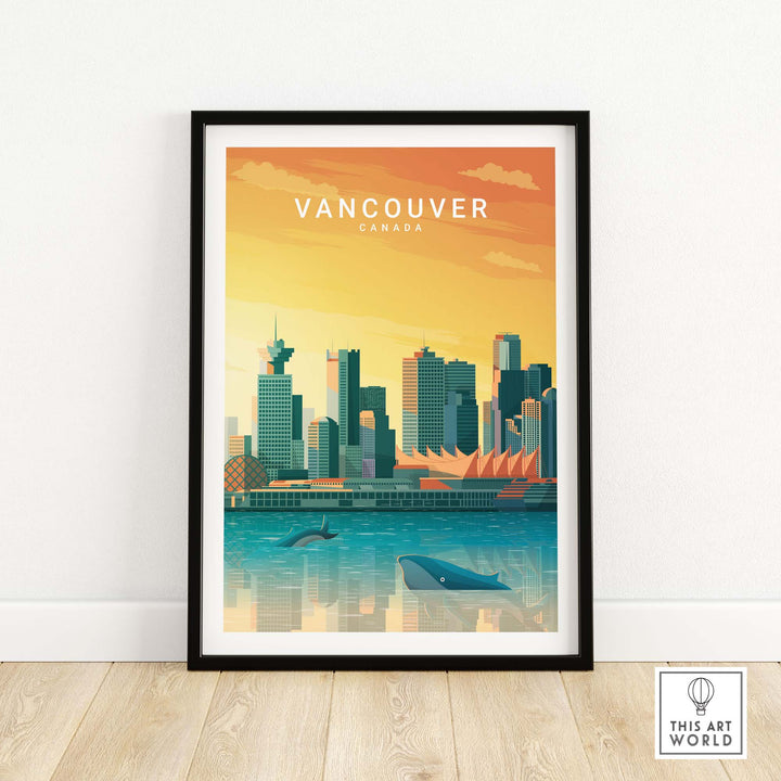 Vancouver Canada travel poster print featuring city skyline and whales in the bay at sunset.