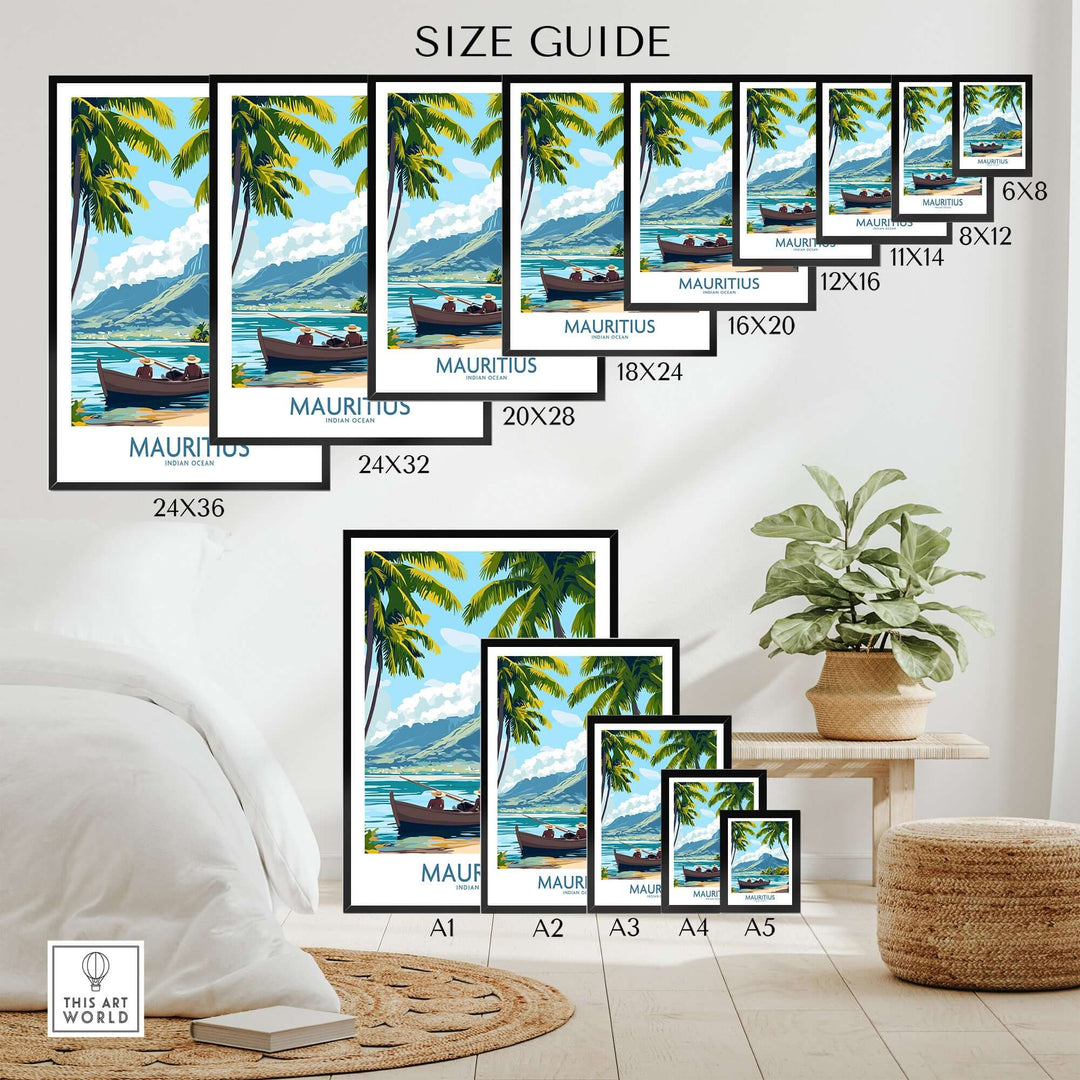 Beach scene wall art size guide featuring Mauritius Island Dream poster options in various dimensions.