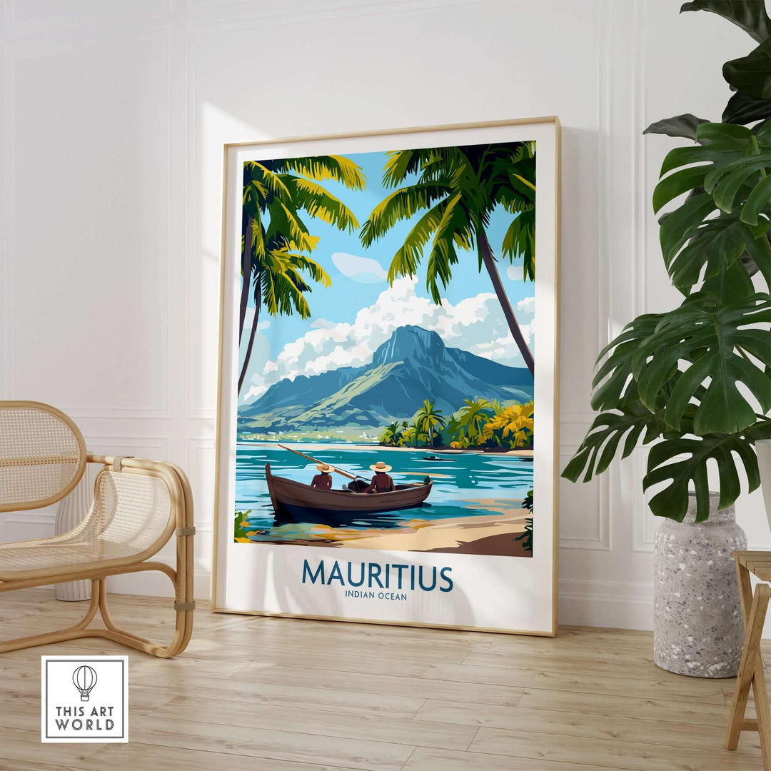 Mauritius wall art featuring a serene beach scene with palm trees and a boat on the Indian Ocean.