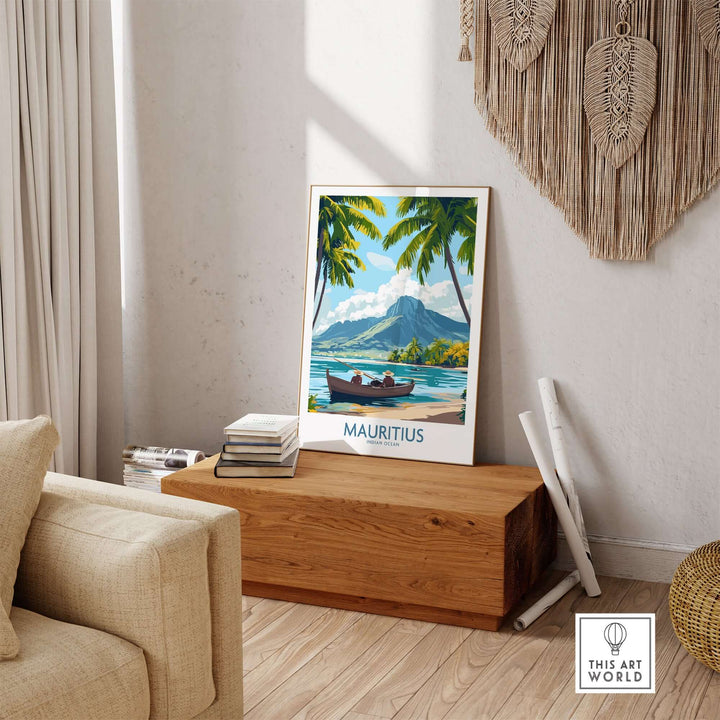 Mauritius Island Dream poster depicting a tropical beach scene with palm trees and a serene boat on clear water.