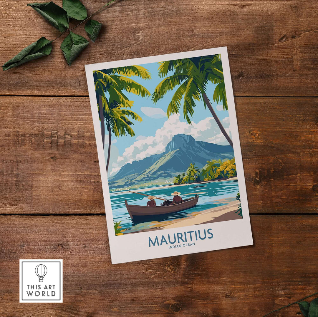 Mauritius Island Dream poster featuring a serene beach scene with palm trees and a mountain backdrop.
