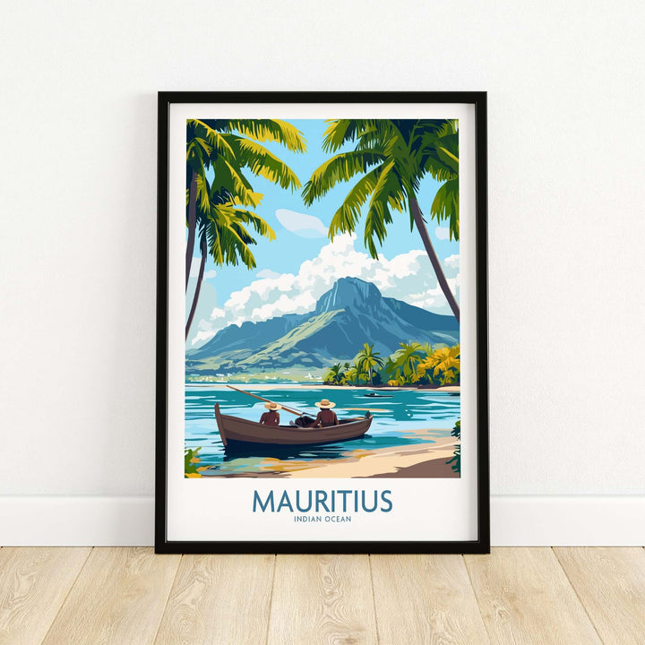 Mauritius Island wall art featuring a scenic beach, palm trees, and a boat on the Indian Ocean.