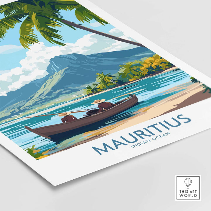 Mauritius beach art print featuring two figures in a boat surrounded by tropical palms and mountains.