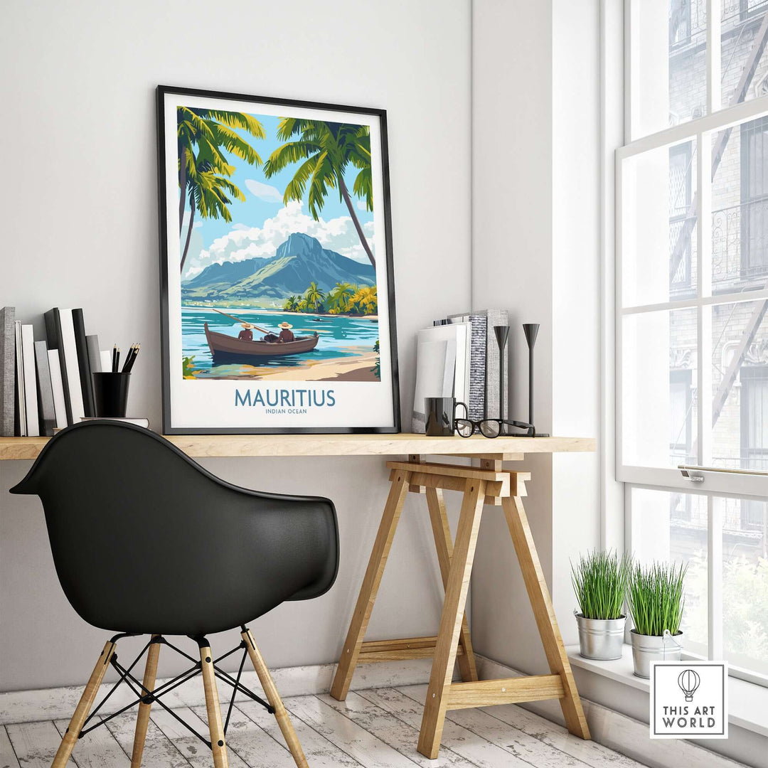 Mauritius Island Dream poster framed on a desk, showcasing tropical scenery and vibrant colors, ideal for beach-themed decor.
