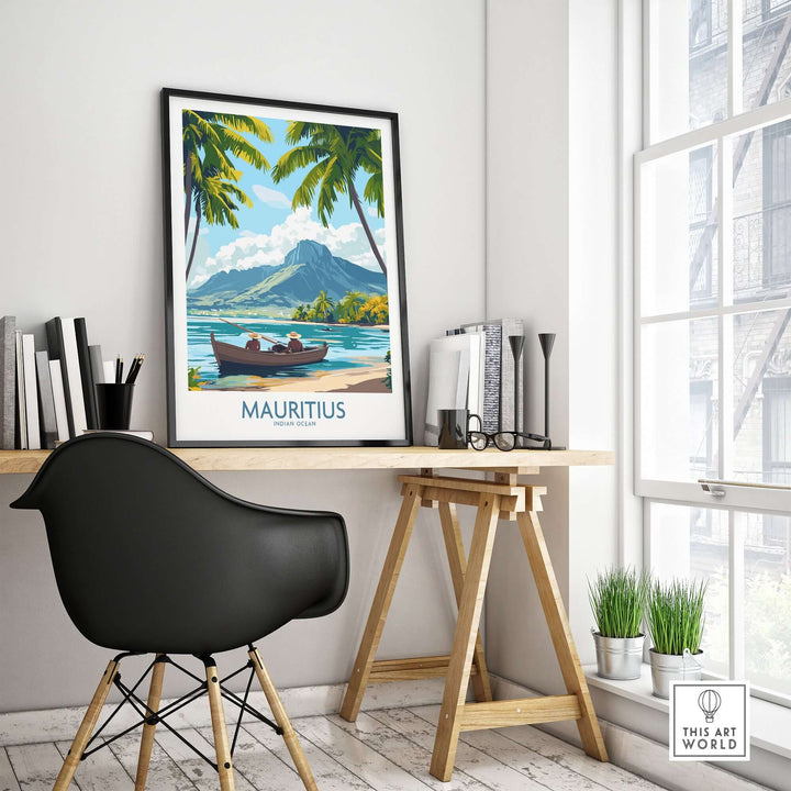 Mauritius Island Dream poster framed on a desk, showcasing tropical scenery and vibrant colors, ideal for beach-themed decor.