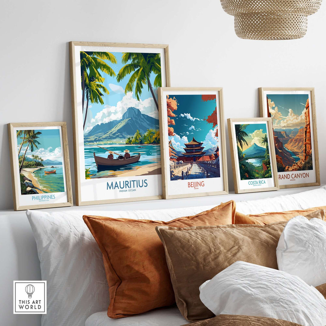 Colorful travel posters on a shelf, featuring Mauritius, Beijing, Costa Rica, Grand Canyon, and Philippines scenes.