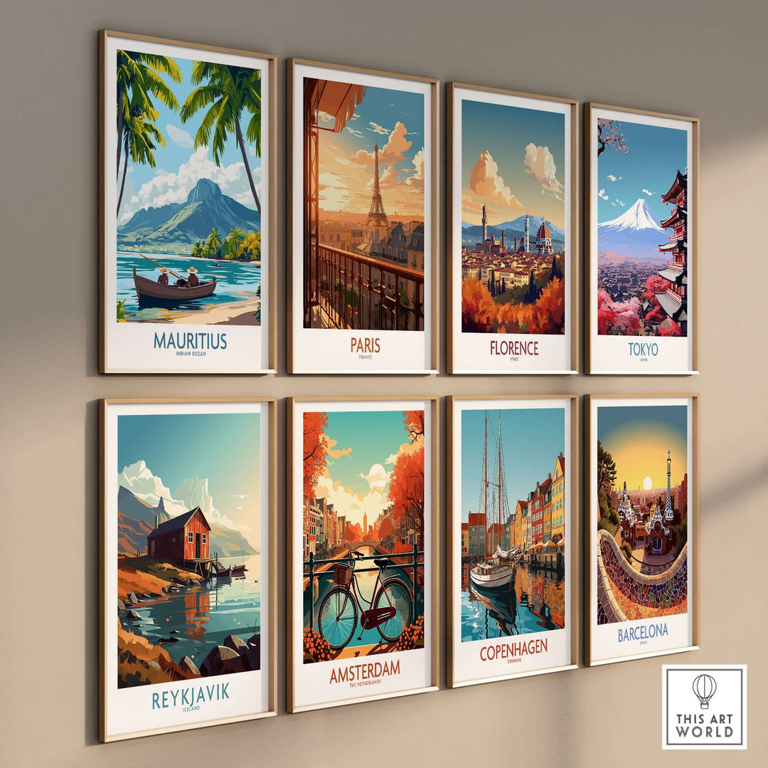 Gallery of vibrant travel posters featuring Mauritius, Paris, Florence, Tokyo, Reykjavik, Amsterdam, Copenhagen, and Barcelona.