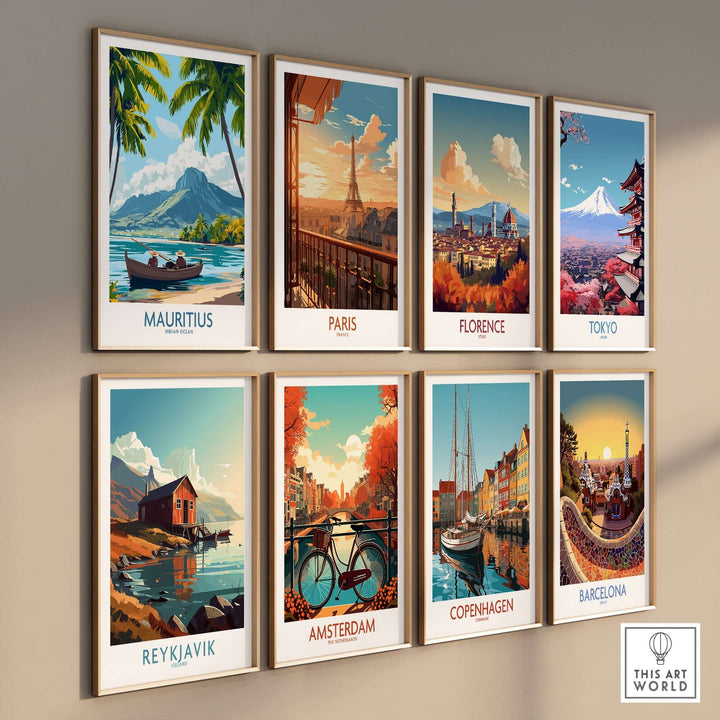 Gallery of vibrant travel posters featuring Mauritius, Paris, Florence, Tokyo, Reykjavik, Amsterdam, Copenhagen, and Barcelona.