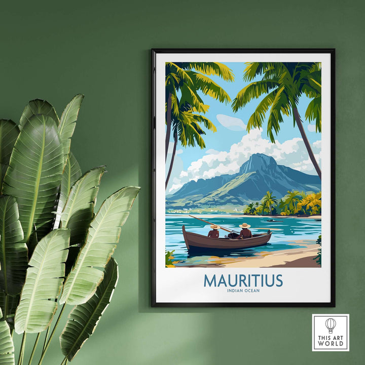 Mauritius beach scene wall art featuring a colorful landscape with palms, mountains, and a boat on clear water.