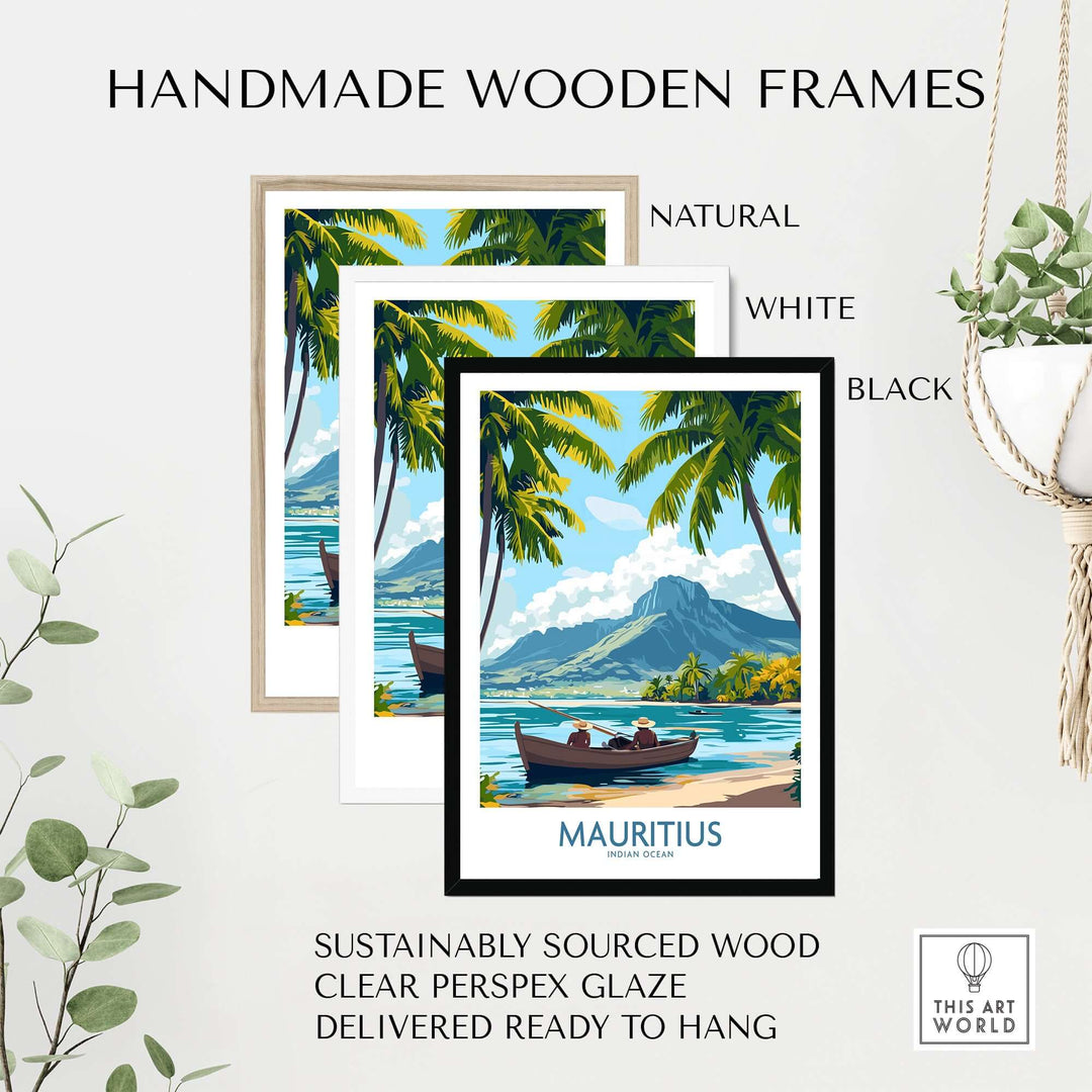Handmade wooden frames in natural, white, and black showcasing Mauritius beach wall art with lush palm trees.