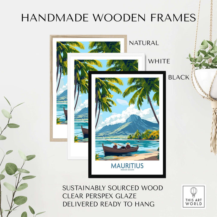 Handmade wooden frames in natural, white, and black showcasing Mauritius beach wall art with lush palm trees.