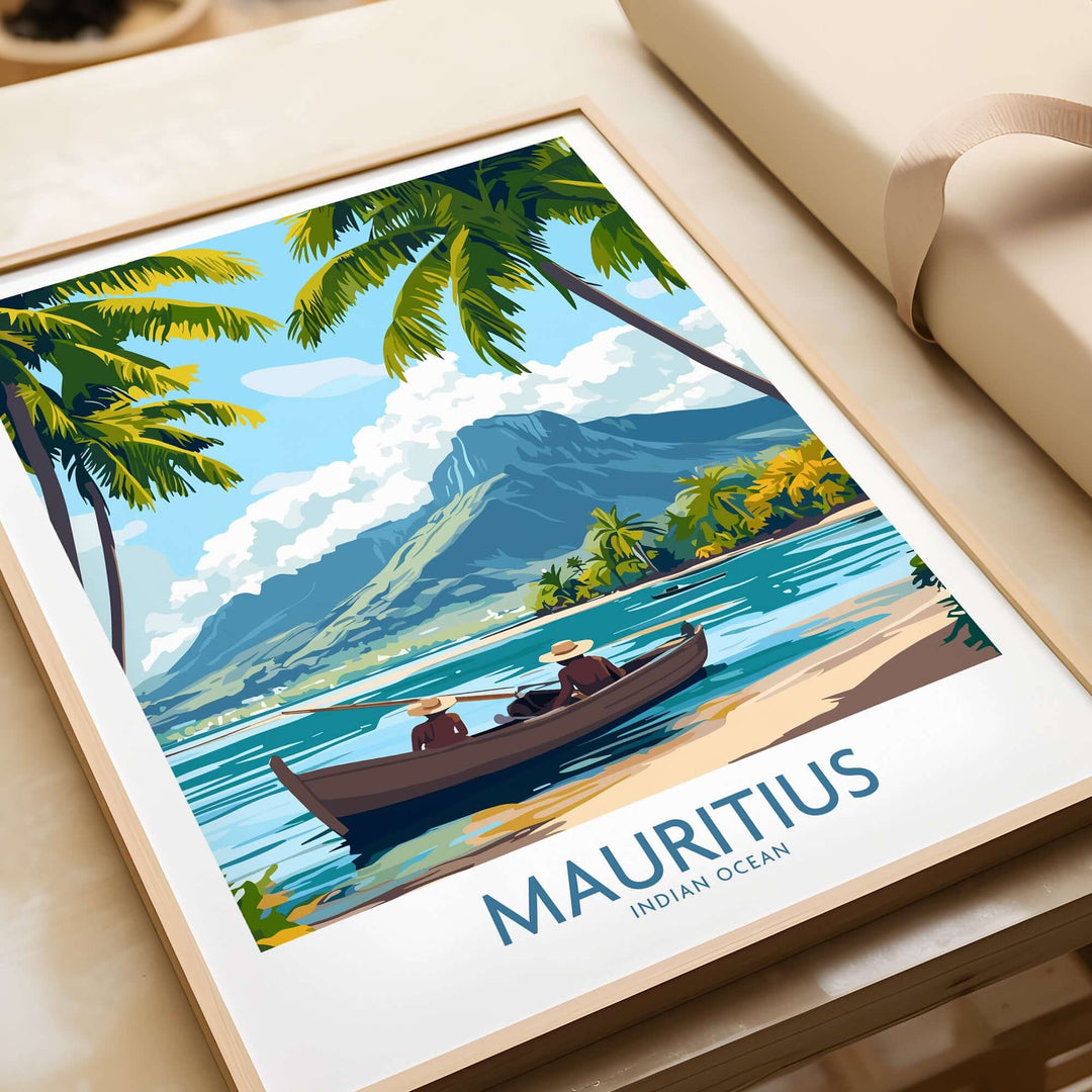 Mauritius beach wall art poster featuring a serene landscape scene with tropical palms and a boat.