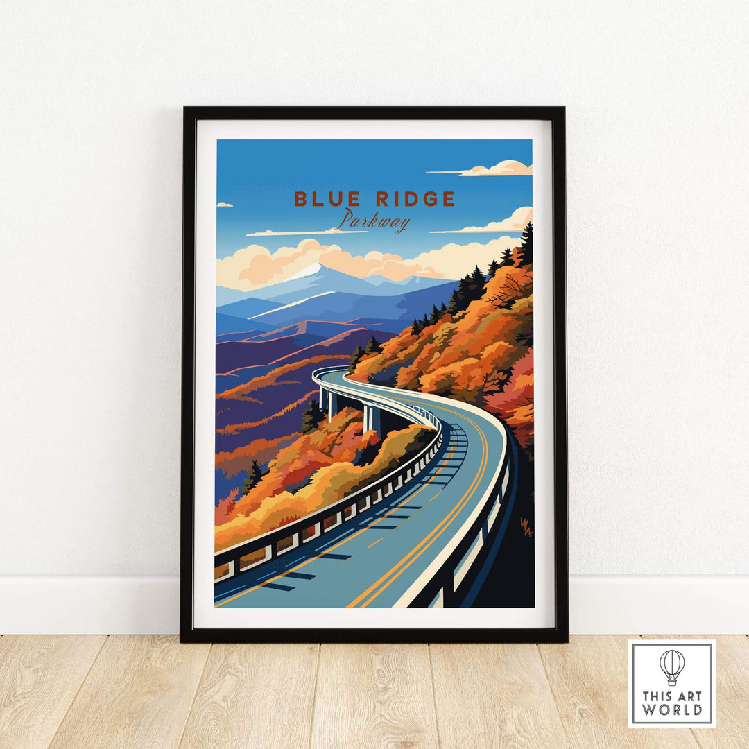 Blue Ridge Parkway poster featuring a winding road through vibrant autumn scenery, framed and ready to enhance any home decor.