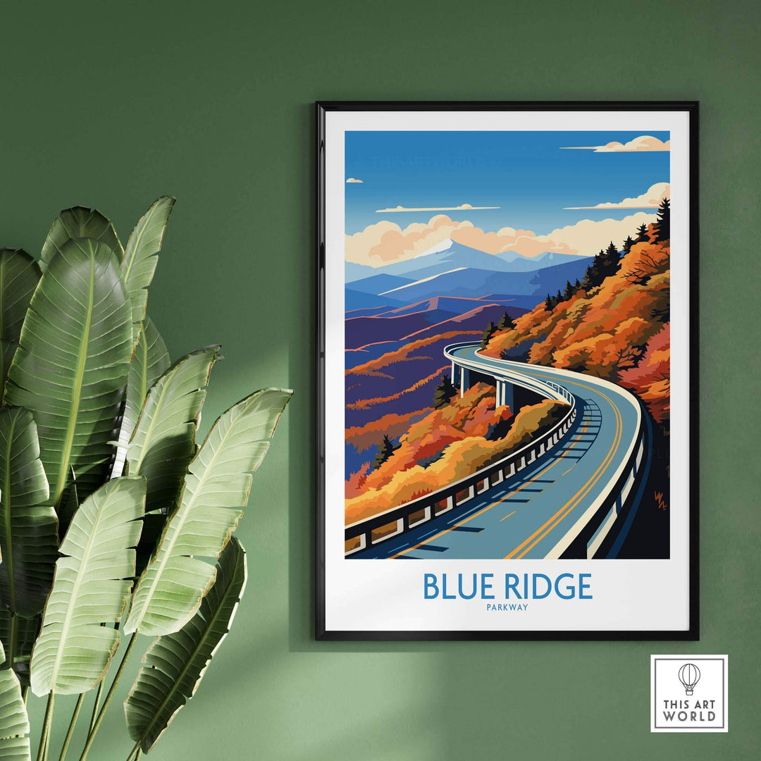 Blue Ridge Parkway wall art print showcasing vibrant colors and scenic landscape, perfect for adding charm to any room.