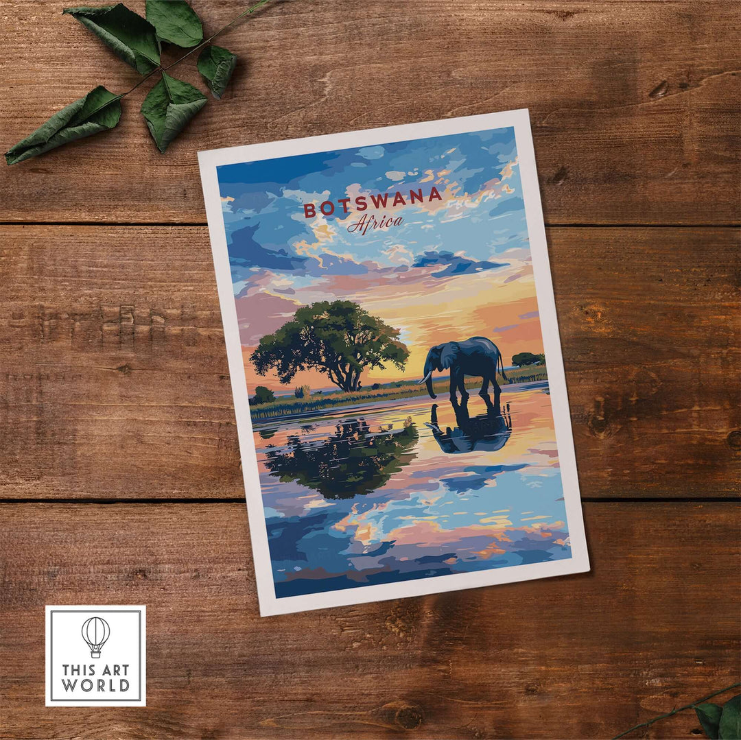 Botswana Elephant Sunset Art Print showcasing an elephant silhouette against a colorful sunset reflection.
