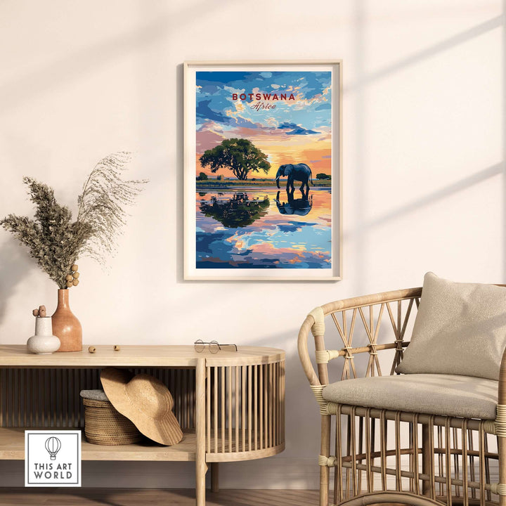 Botswana elephant sunset art print in framed decor setting showcasing vibrant colors and African landscape.