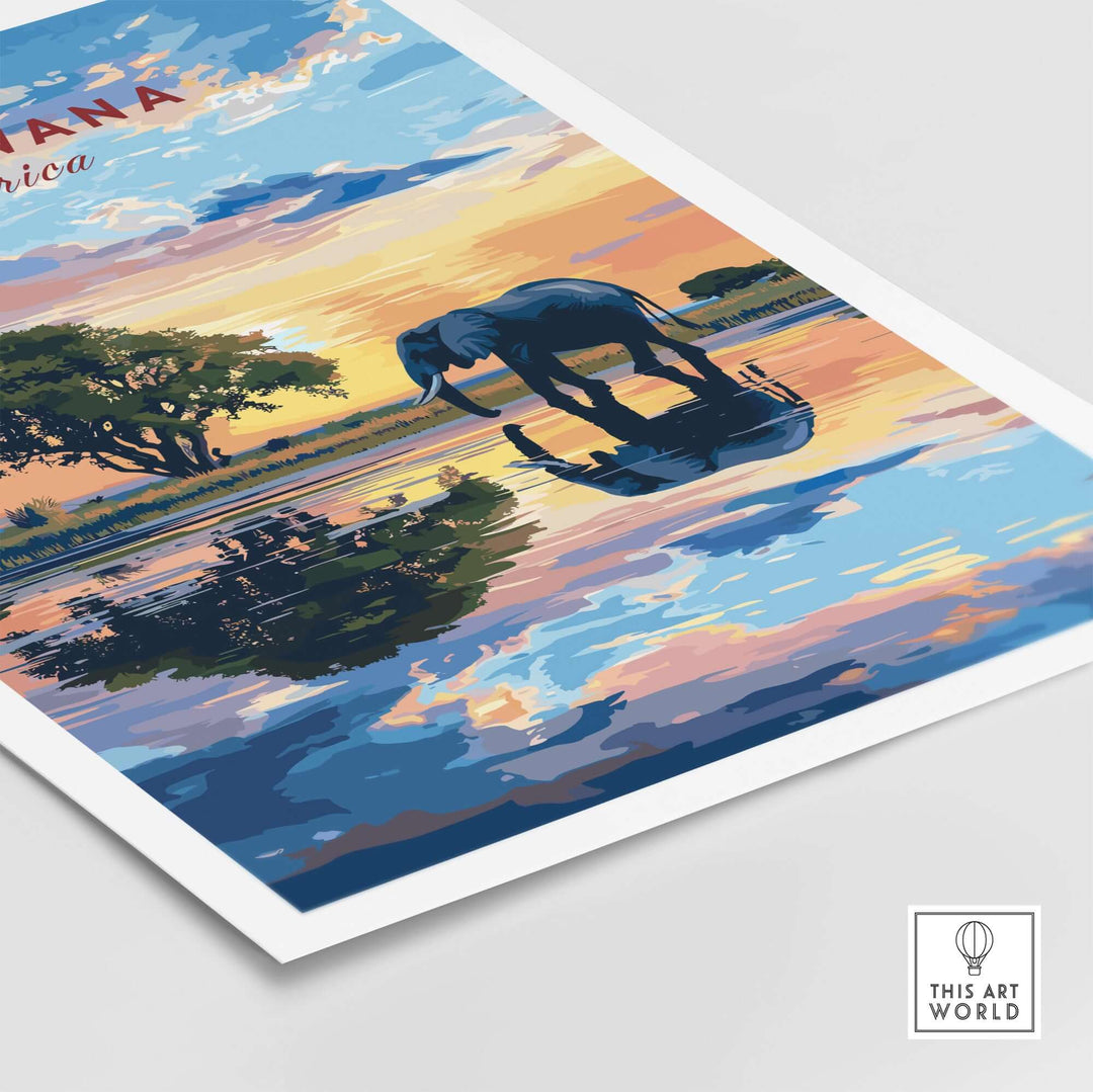 Botswana elephant sunset art print showcasing a majestic elephant reflected in tranquil water, perfect for wildlife decor.