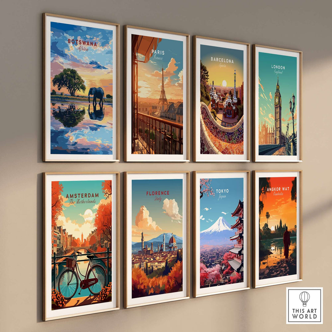 Gallery wall featuring vibrant travel art prints of Botswana, Paris, Barcelona, London, Amsterdam, Florence, Tokyo, and Angkor Wat.