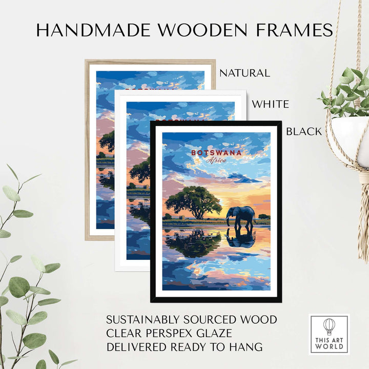Handmade wooden frames in natural, white, and black, showcasing Botswana Elephant Sunset Art Print with a clear glaze.