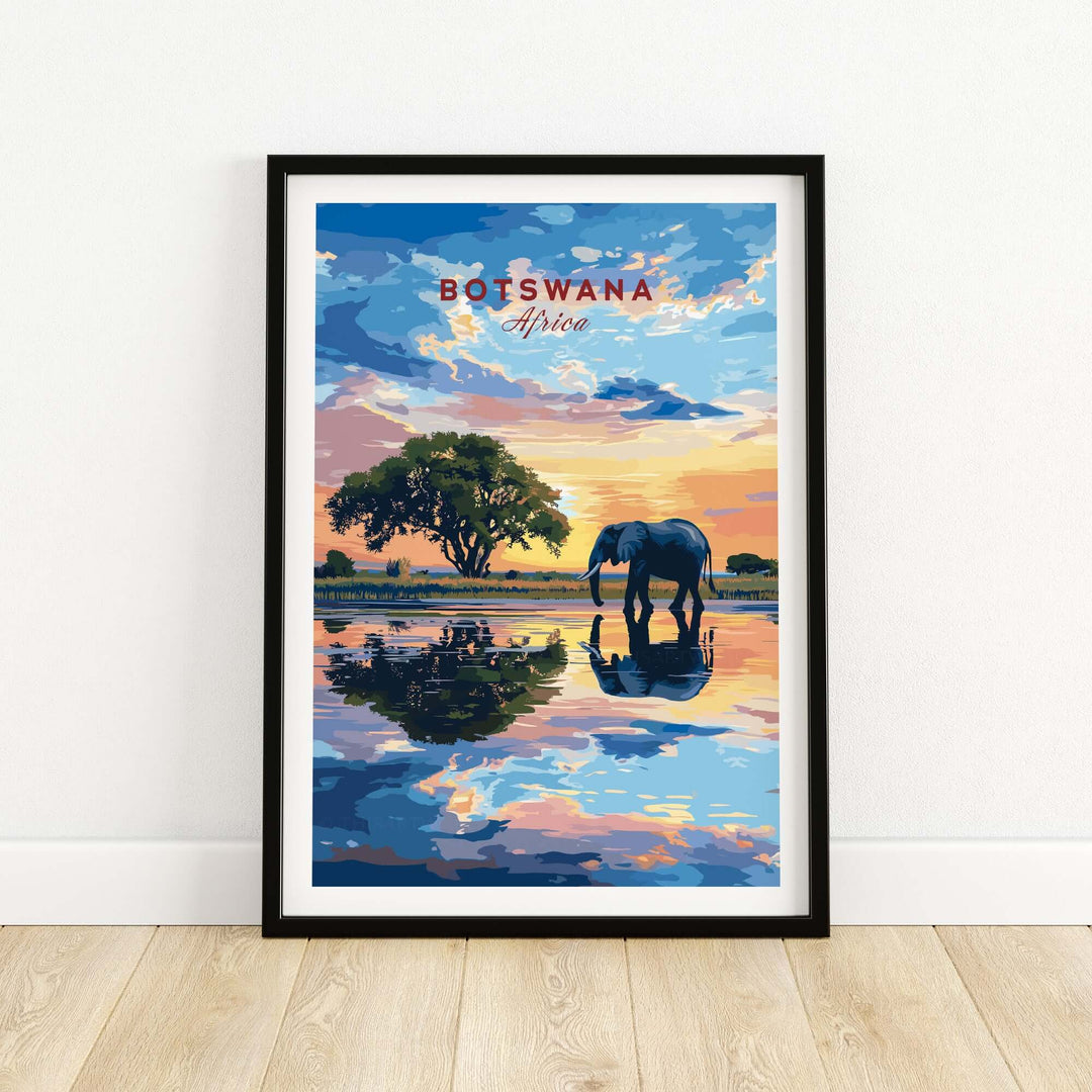 Botswana elephant sunset art print showcasing a serene scene with vibrant colors and wildlife reflection.