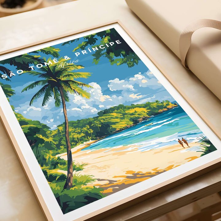São Tomé & Príncipe beach poster print showcasing a tropical scene with palm trees and vibrant ocean views.