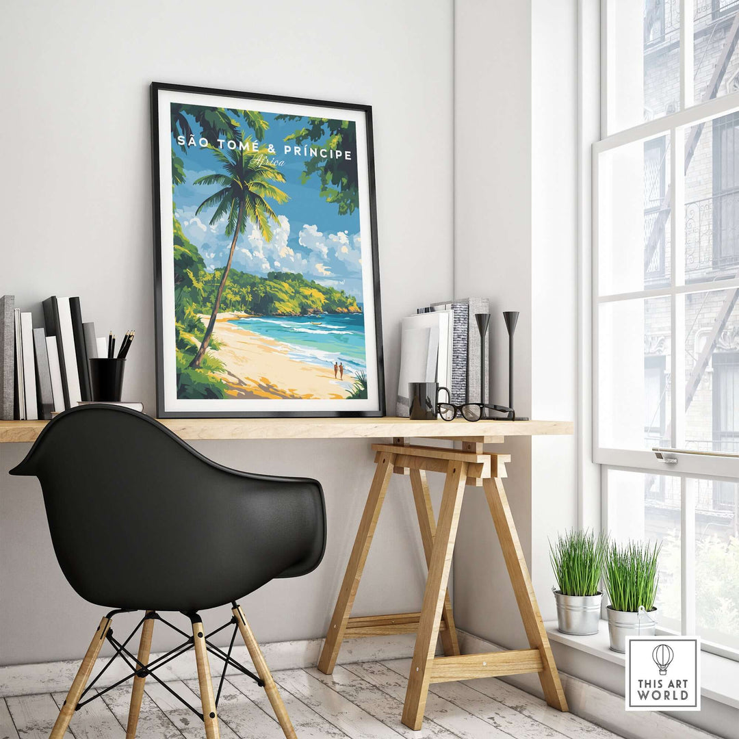 São Tomé & Príncipe beach poster print displayed in a stylish home office with a black chair and wooden desk.