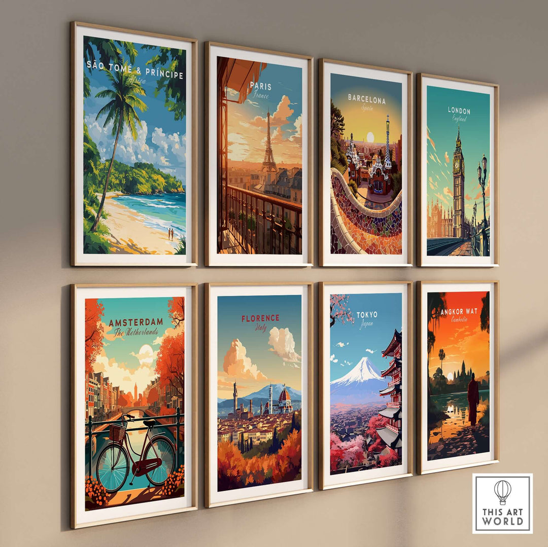 Gallery of travel posters featuring São Tomé & Príncipe, Paris, Barcelona, London, Amsterdam, Florence, Tokyo, and Bangkok.