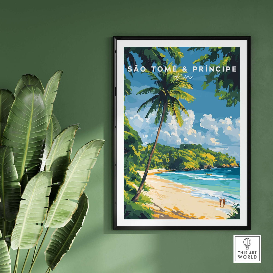 Breathtaking São Tomé & Príncipe beach poster print showcasing tropical landscapes and palm trees on a vibrant green wall.