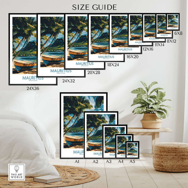 Size guide for Mauritius tropical boat wall art prints with options for multiple dimensions and frames.