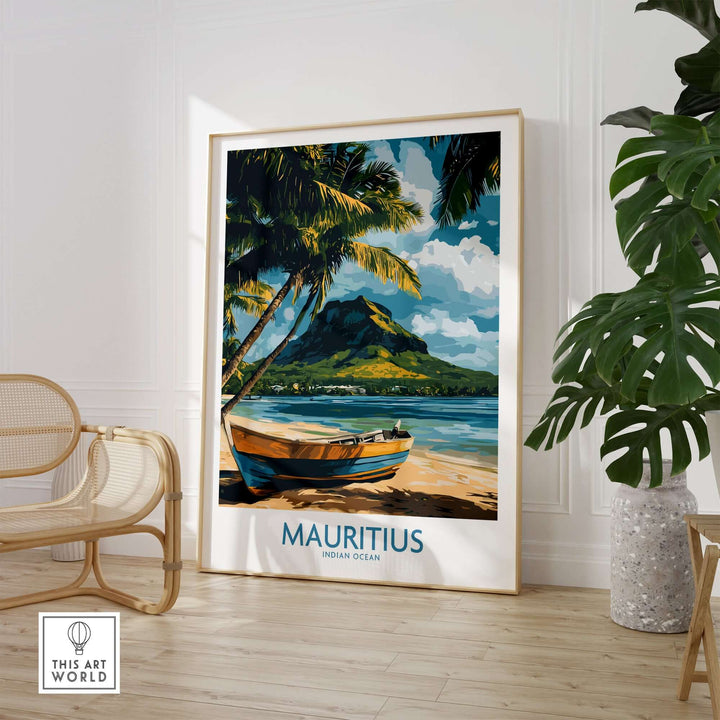 Mauritius travel poster featuring a tropical boat scene and palm trees, perfect for island wall art decor.