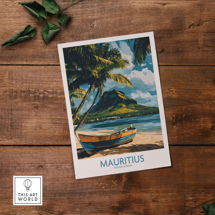 Mauritius travel poster featuring vibrant ocean view and tropical boat scene, perfect for island wall art.