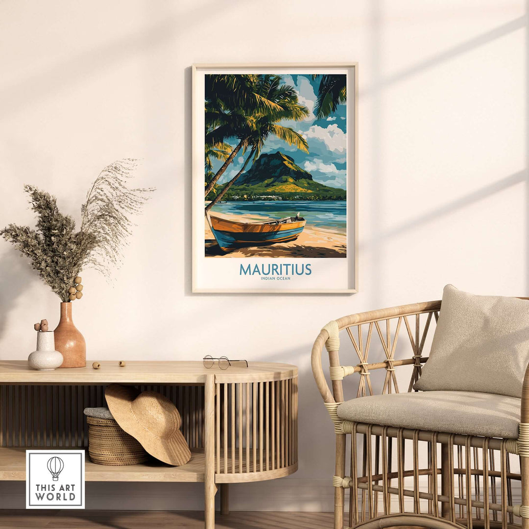 Mauritius travel poster featuring tropical boat scene and lush landscape, perfect for island wall art decor.