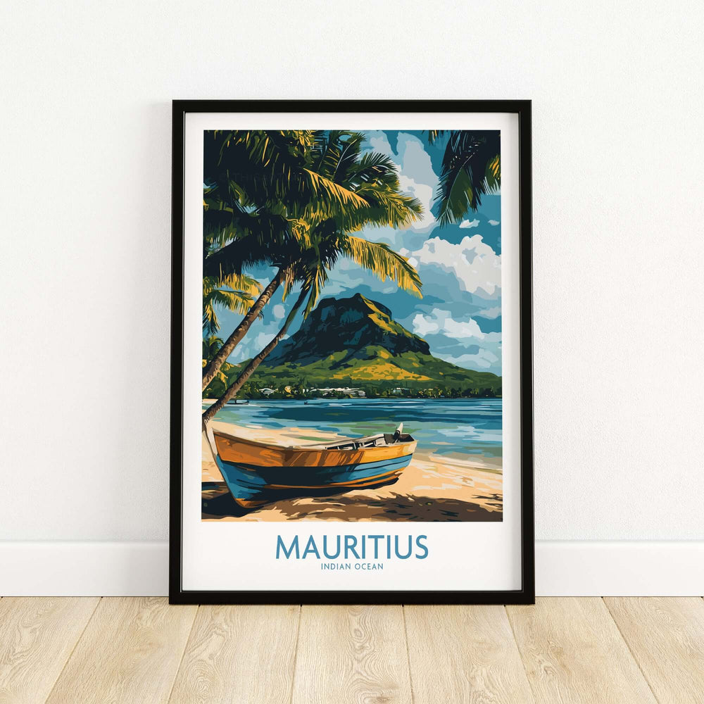 Mauritius travel poster featuring a tropical boat scene with palm trees and a scenic mountain backdrop.