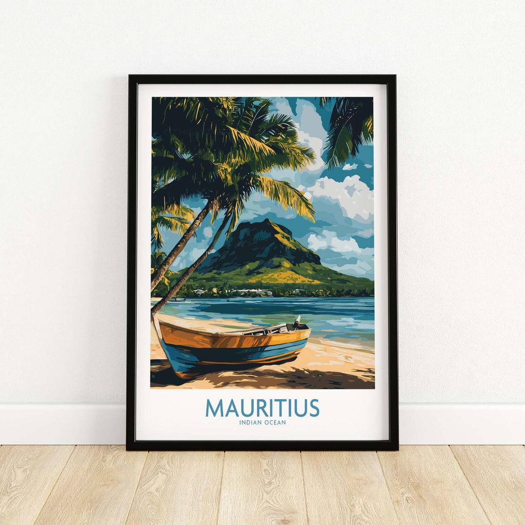Mauritius travel poster featuring a tropical boat scene with palm trees and a scenic mountain backdrop.