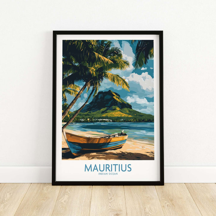 Mauritius travel poster featuring a tropical boat scene with palm trees and a scenic mountain backdrop.