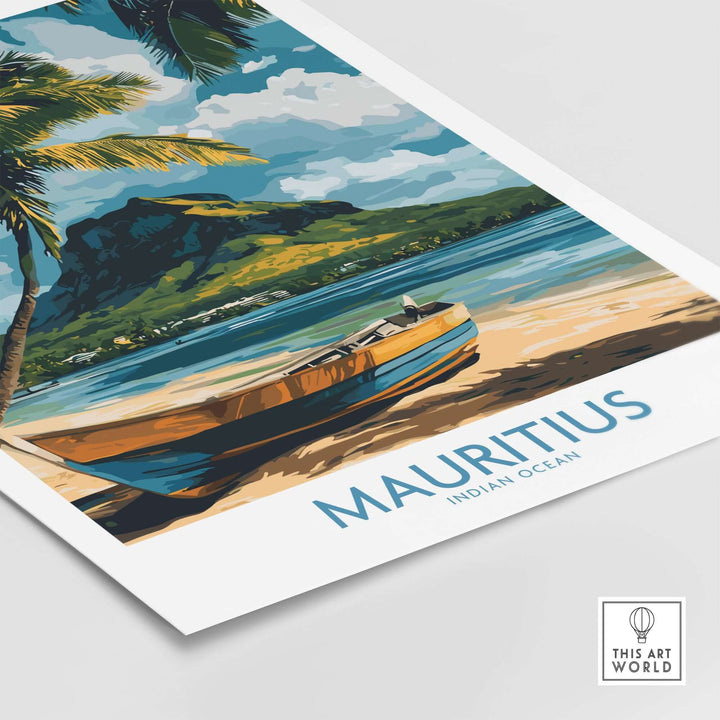 Tropical Mauritius travel poster featuring a boat by the beach and palm trees, vibrant ocean view artwork.